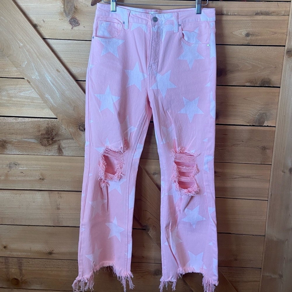 Risen Baby Pink Star Print High Rise Jeans - Picture 8 of 14